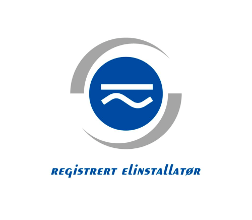 Registrert Elintellatør. Blå sirkel med hvite linjer og to grå halvsirkler som går rundt. Logo
